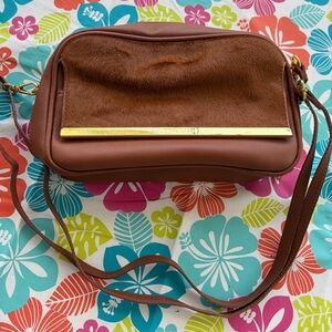 Joy & Iman Brown Faux Fur and Leather Crossbody with Gold Bar